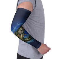 Custom Jumping Bass Fishing Arm Sleeves with Water Splash and Lightning Background - Wonder Print Shop