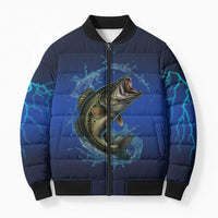 Custom Jumping Bass Fishing Bomber Puffer Jacket with Water Splash and Lightning Background - Wonder Print Shop