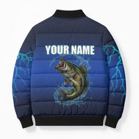 Custom Jumping Bass Fishing Bomber Puffer Jacket with Water Splash and Lightning Background - Wonder Print Shop