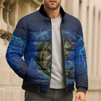 Custom Jumping Bass Fishing Bomber Puffer Jacket with Water Splash and Lightning Background - Wonder Print Shop