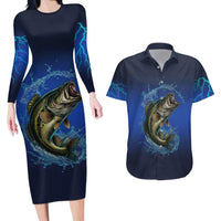 Custom Jumping Bass Fishing Couples Matching Long Sleeve Bodycon Dress and Hawaiian Shirt with Water Splash and Lightning Background - Wonder Print Shop
