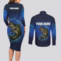 Custom Jumping Bass Fishing Couples Matching Long Sleeve Bodycon Dress and Long Sleeve Button Shirt with Water Splash and Lightning Background - Wonder Print Shop