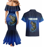 Custom Jumping Bass Fishing Couples Matching Mermaid Dress and Hawaiian Shirt with Water Splash and Lightning Background - Wonder Print Shop