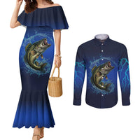Custom Jumping Bass Fishing Couples Matching Mermaid Dress and Long Sleeve Button Shirt with Water Splash and Lightning Background - Wonder Print Shop
