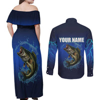 Custom Jumping Bass Fishing Couples Matching Off Shoulder Maxi Dress and Long Sleeve Button Shirt with Water Splash and Lightning Background - Wonder Print Shop