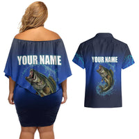 Custom Jumping Bass Fishing Couples Matching Off Shoulder Short Dress and Hawaiian Shirt with Water Splash and Lightning Background - Wonder Print Shop