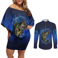 Custom Jumping Bass Fishing Couples Matching Off Shoulder Short Dress and Long Sleeve Button Shirt with Water Splash and Lightning Background - Wonder Print Shop