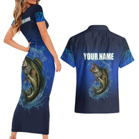 Custom Jumping Bass Fishing Couples Matching Short Sleeve Bodycon Dress and Hawaiian Shirt with Water Splash and Lightning Background - Wonder Print Shop