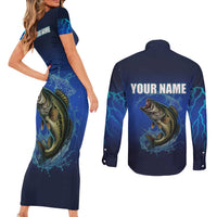 Custom Jumping Bass Fishing Couples Matching Short Sleeve Bodycon Dress and Long Sleeve Button Shirt with Water Splash and Lightning Background - Wonder Print Shop