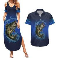Custom Jumping Bass Fishing Couples Matching Summer Maxi Dress and Hawaiian Shirt with Water Splash and Lightning Background - Wonder Print Shop