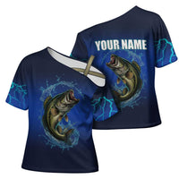 Custom Jumping Bass Fishing Cross Shoulder Shirt with Water Splash and Lightning Background - Wonder Print Shop