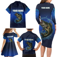 Custom Jumping Bass Fishing Family Matching Long Sleeve Bodycon Dress and Hawaiian Shirt with Water Splash and Lightning Background - Wonder Print Shop