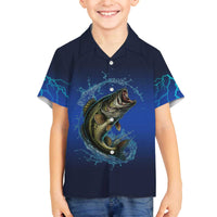 Custom Jumping Bass Fishing Family Matching Off The Shoulder Long Sleeve Dress and Hawaiian Shirt with Water Splash and Lightning Background - Wonder Print Shop