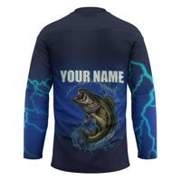 Custom Jumping Bass Fishing Hockey Jersey with Water Splash and Lightning Background - Wonder Print Shop