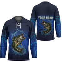 Custom Jumping Bass Fishing Hockey Jersey with Water Splash and Lightning Background - Wonder Print Shop