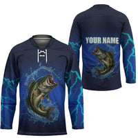 Custom Jumping Bass Fishing Hockey Jersey with Water Splash and Lightning Background - Wonder Print Shop