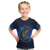 Custom Jumping Bass Fishing Kid T Shirt with Water Splash and Lightning Background - Wonder Print Shop