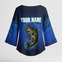 Custom Jumping Bass Fishing Kimono Sleeve Blouse with Water Splash and Lightning Background - Wonder Print Shop