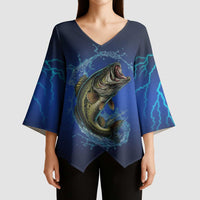 Custom Jumping Bass Fishing Kimono Sleeve Blouse with Water Splash and Lightning Background - Wonder Print Shop