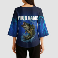 Custom Jumping Bass Fishing Kimono Sleeve Blouse with Water Splash and Lightning Background - Wonder Print Shop