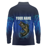 Custom Jumping Bass Fishing Long Sleeve Polo Shirt with Water Splash and Lightning Background - Wonder Print Shop