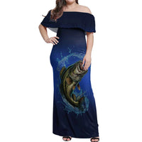 Custom Jumping Bass Fishing Off Shoulder Maxi Dress with Water Splash and Lightning Background - Wonder Print Shop