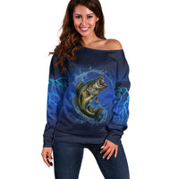 Custom Jumping Bass Fishing Off Shoulder Sweater with Water Splash and Lightning Background - Wonder Print Shop