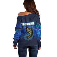 Custom Jumping Bass Fishing Off Shoulder Sweater with Water Splash and Lightning Background - Wonder Print Shop