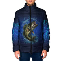 Custom Jumping Bass Fishing Padded Jacket with Water Splash and Lightning Background - Wonder Print Shop