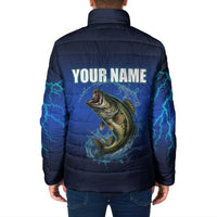 Custom Jumping Bass Fishing Padded Jacket with Water Splash and Lightning Background - Wonder Print Shop