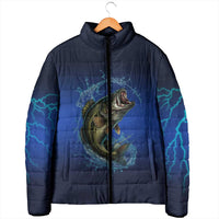 Custom Jumping Bass Fishing Padded Jacket with Water Splash and Lightning Background - Wonder Print Shop