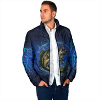 Custom Jumping Bass Fishing Padded Jacket with Water Splash and Lightning Background - Wonder Print Shop