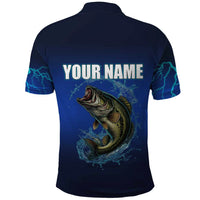 Custom Jumping Bass Fishing Polo Shirt with Water Splash and Lightning Background - Wonder Print Shop