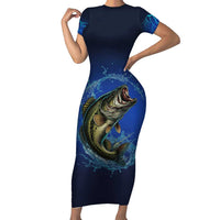 Custom Jumping Bass Fishing Short Sleeve Bodycon Dress with Water Splash and Lightning Background - Wonder Print Shop