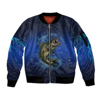 Custom Jumping Bass Fishing Sleeve Zip Bomber Jacket with Water Splash and Lightning Background - Wonder Print Shop