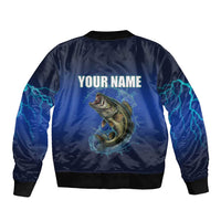 Custom Jumping Bass Fishing Sleeve Zip Bomber Jacket with Water Splash and Lightning Background - Wonder Print Shop