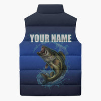 Custom Jumping Bass Fishing Sleeveless Puffer Jacket with Water Splash and Lightning Background - Wonder Print Shop