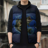 Custom Jumping Bass Fishing Sleeveless Puffer Jacket with Water Splash and Lightning Background - Wonder Print Shop