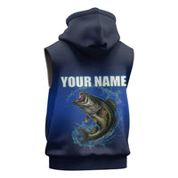 Custom Jumping Bass Fishing Sleeveless Zip Hoodie with Water Splash and Lightning Background - Wonder Print Shop