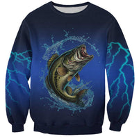 Custom Jumping Bass Fishing Sweatshirt with Water Splash and Lightning Background - Wonder Print Shop