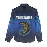 Custom Jumping Bass Fishing Women Casual Shirt with Water Splash and Lightning Background - Wonder Print Shop