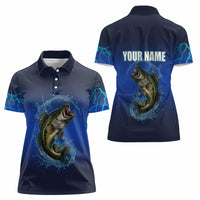 Custom Jumping Bass Fishing Women Polo Shirt with Water Splash and Lightning Background - Wonder Print Shop