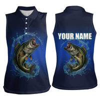 Custom Jumping Bass Fishing Women Sleeveless Polo Shirt with Water Splash and Lightning Background - Wonder Print Shop