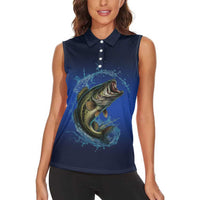 Custom Jumping Bass Fishing Women Sleeveless Polo Shirt with Water Splash and Lightning Background - Wonder Print Shop