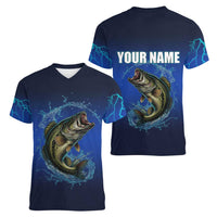 Custom Jumping Bass Fishing Women V-Neck T-Shirt with Water Splash and Lightning Background - Wonder Print Shop