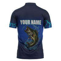 Custom Jumping Bass Fishing Zipper Polo Shirt with Water Splash and Lightning Background - Wonder Print Shop