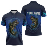 Custom Jumping Bass Fishing Zipper Polo Shirt with Water Splash and Lightning Background - Wonder Print Shop