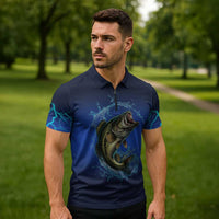 Custom Jumping Bass Fishing Zipper Polo Shirt with Water Splash and Lightning Background - Wonder Print Shop