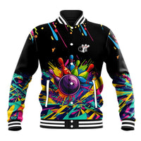 Colorful Bowling Ball and Pins Graphic Baseball Jacket Custom with Paint Splash - Wonder Print Shop