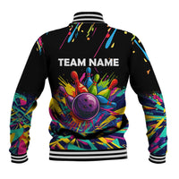 Colorful Bowling Ball and Pins Graphic Baseball Jacket Custom with Paint Splash - Wonder Print Shop